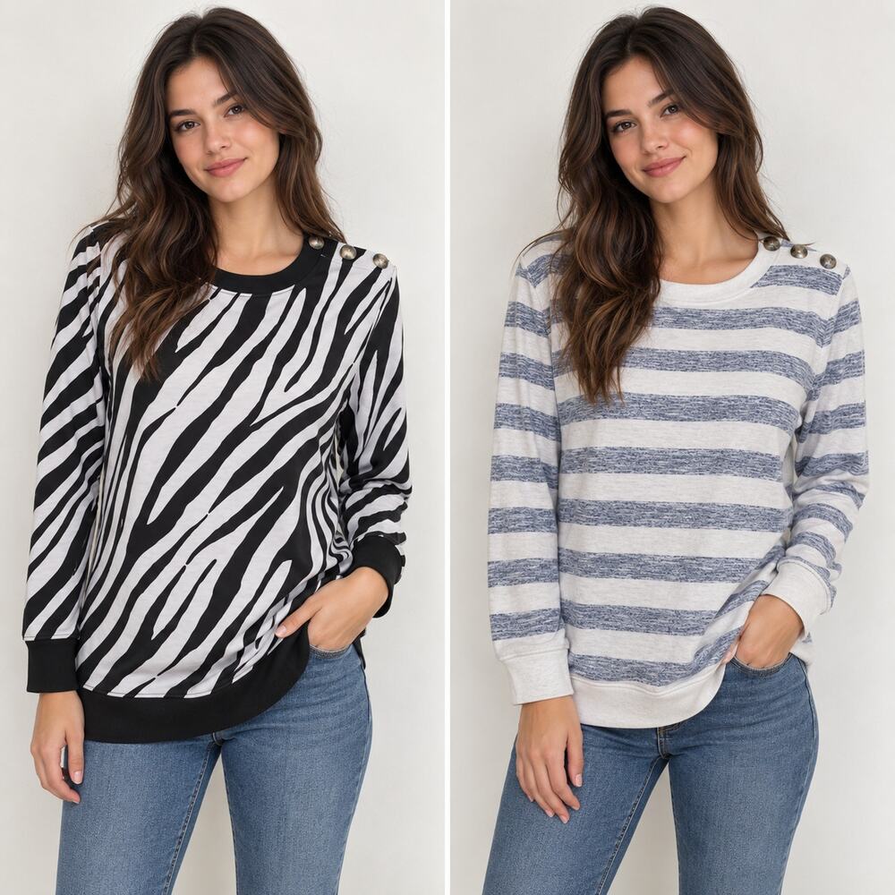 Talbots Sweatshirt Bundle Brown Animal Print & Gray Striped Cotton Sz MP Casual